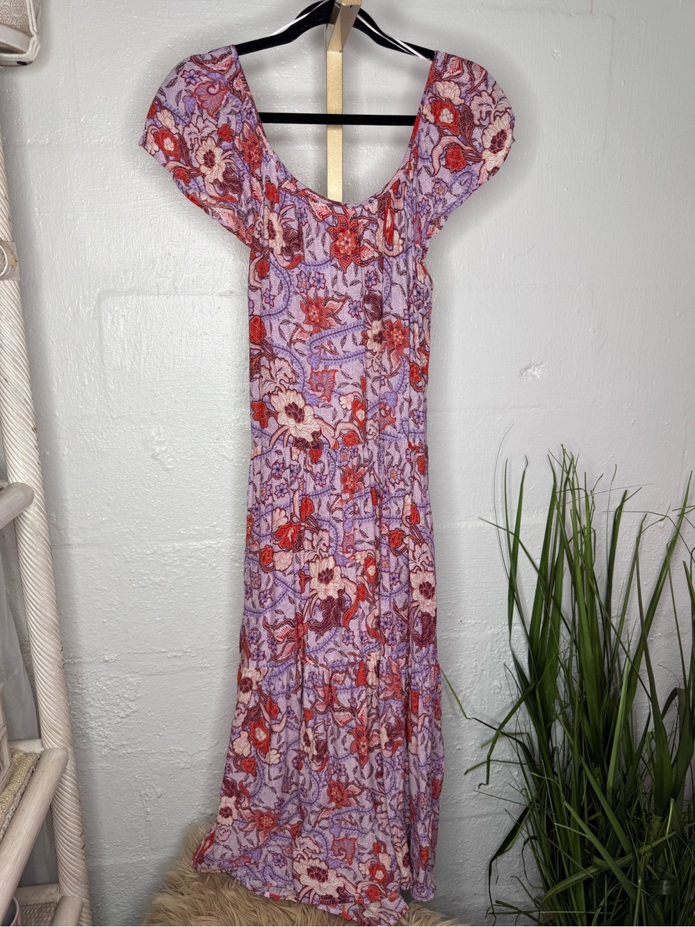 Knox Rose Purple Floral Boho Midi Dress | Tiered Flutter Sleeve Cottagecore - Picture 7 of 8